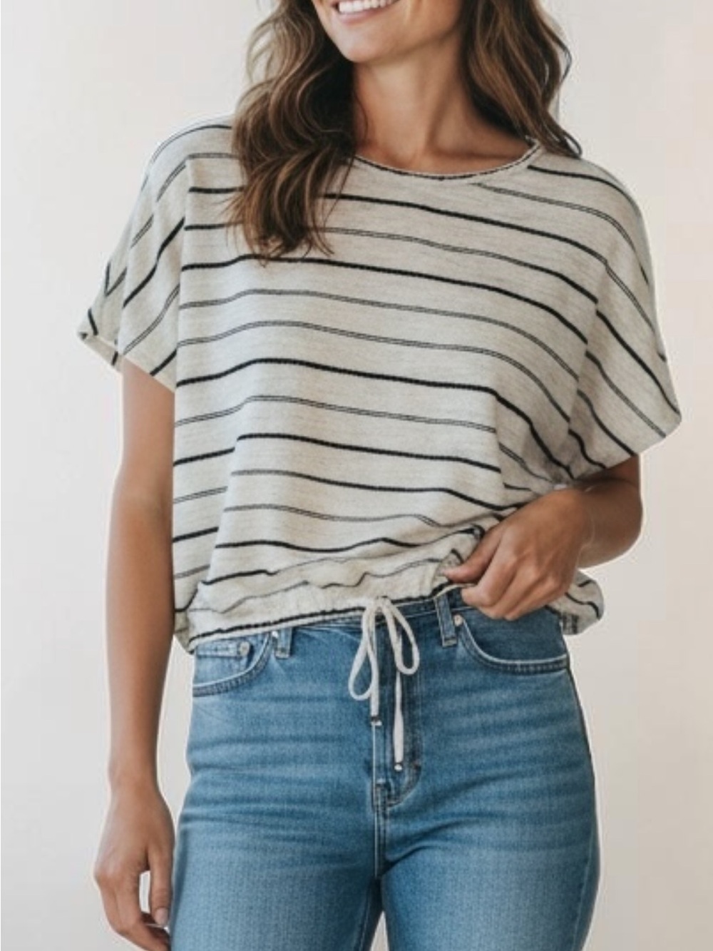 Max Studio Beige and Black Striped Drawstring Short Sleeve Top